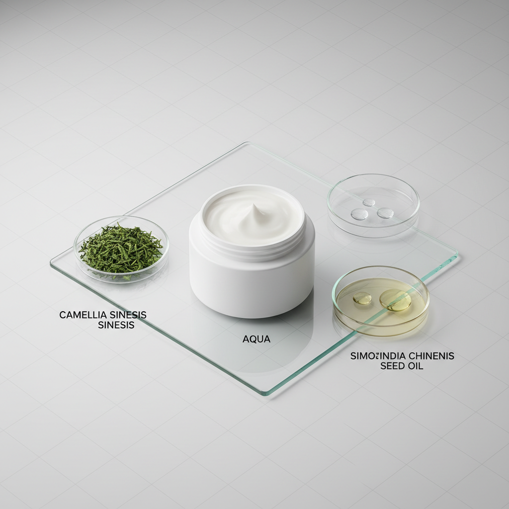 A minimalist ingredient-analysis scene featuring a single open white jar of cream with a smooth, perfectly swirled texture at its center, placed on a clean laboratory-style glass plate. Surrounding it are three small, labeled glass petri dishes: one with bright green tea leaves, one with clear liquid droplets, and one with pale yellow oil. The background is a soft, seamless light gray, with faint geometric lines suggesting a subtle graph design. Cool, diffused studio lighting from above casts crisp, delicate shadows and highlights the cream’s velvety surface. Captured from a slightly elevated angle in sharp photographic realism, the atmosphere feels clinical yet approachable, ideal for illustrating ingredient breakdowns and evidence-based skincare reviews.