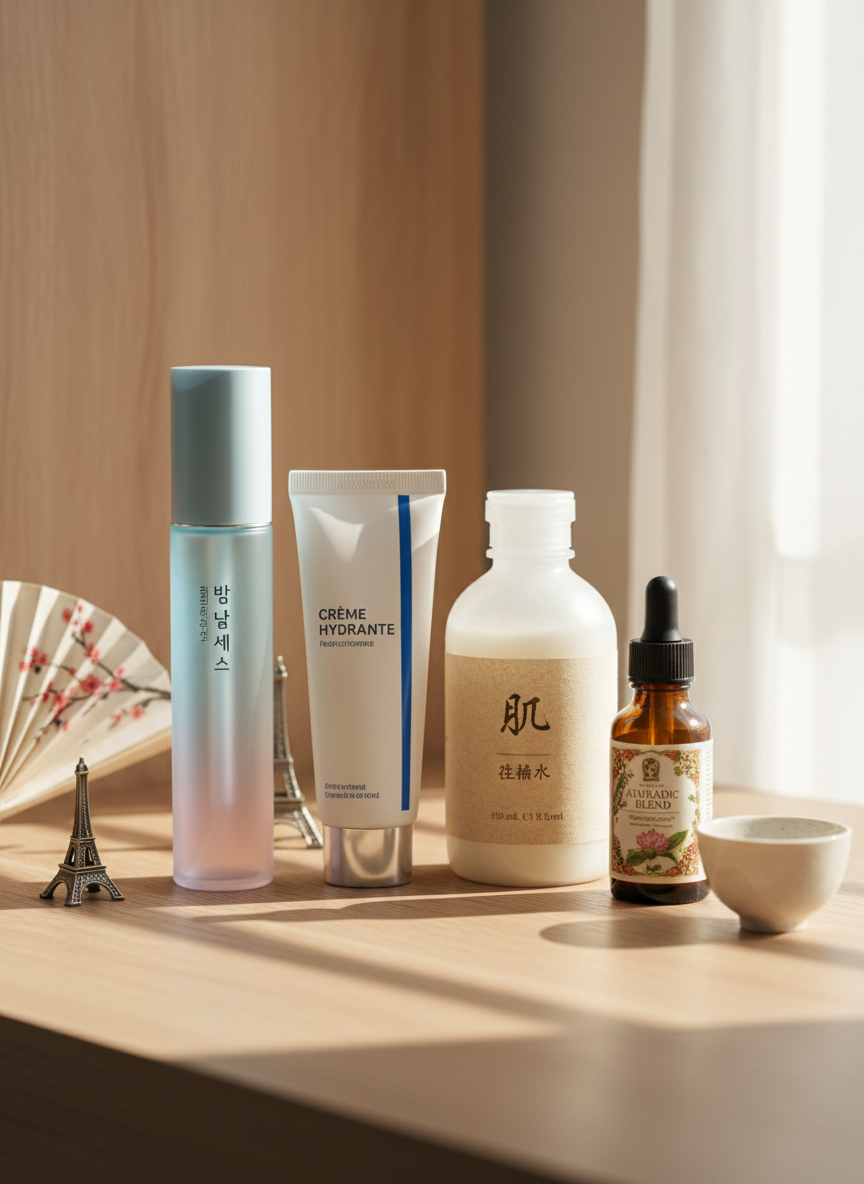 A globally themed beauty shelf styled on a light oak surface, holding distinct skincare products from different regions: a sleek Korean essence in a frosted gradient bottle, a French pharmacy-style white tube with blue accents, a Japanese lotion in translucent milky plastic, and an amber glass oil labeled with botanical illustrations. Small, subtle props suggest origin, like a miniature paper fan, a tiny Eiffel Tower figure, and a ceramic sake cup, all softly out of focus. Natural window light from the right creates a calm, balanced glow with gentle shadows. Shot at eye level with a moderate depth of field in photographic realism, the mood is cultured and informative, emphasizing the idea of global beauty discovery and cross-cultural product comparisons.