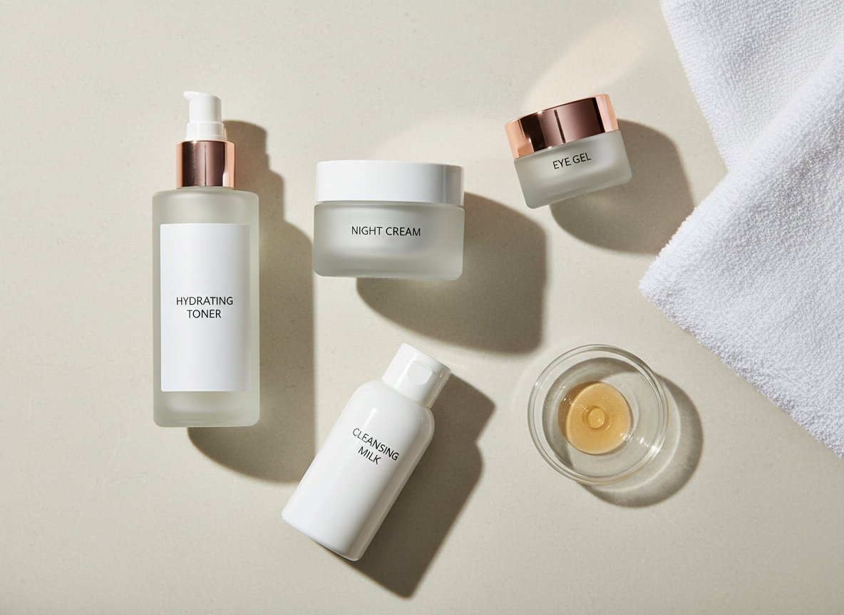 A neatly arranged flat lay of four skincare bottles and jars in different sizes and shapes, featuring frosted glass, glossy white plastic, and a single rose-gold metallic lid, each labeled with clean, minimal typography. They rest on a smooth, pale beige stone surface beside a folded white cotton towel and a small clear dish holding a translucent serum drop. Soft morning daylight streams in from the left, creating gentle highlights on the curved bottles and subtle shadows that add depth. The background fades into a softly blurred neutral wall. Photographic realism, shot from a directly overhead, bird’s eye view with sharp focus on the products, evoking a professional, trustworthy, and modern beauty review aesthetic.