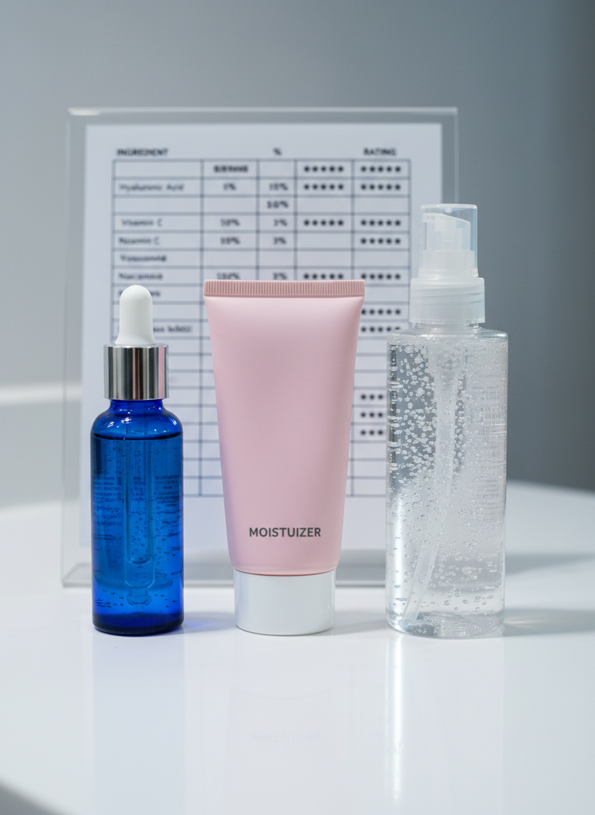 A close-up of three skincare products arranged in a clean row on a glossy white counter: a tall, deep-blue glass serum bottle with a silver cap, a matte pastel-pink moisturizer tube, and a clear gel cleanser bottle with visible bubbles inside. Behind them, a simple acrylic stand displays a printed comparison chart with ingredient percentages and small star ratings, slightly out of focus. Cool, diffused studio lighting from above and the right creates soft reflections and crisp product edges. The composition is eye-level with a shallow depth of field, emphasizing the product textures and clarity. The mood is analytical yet elegant, with a photographic realism style that supports detailed, science-based beauty product reviews.