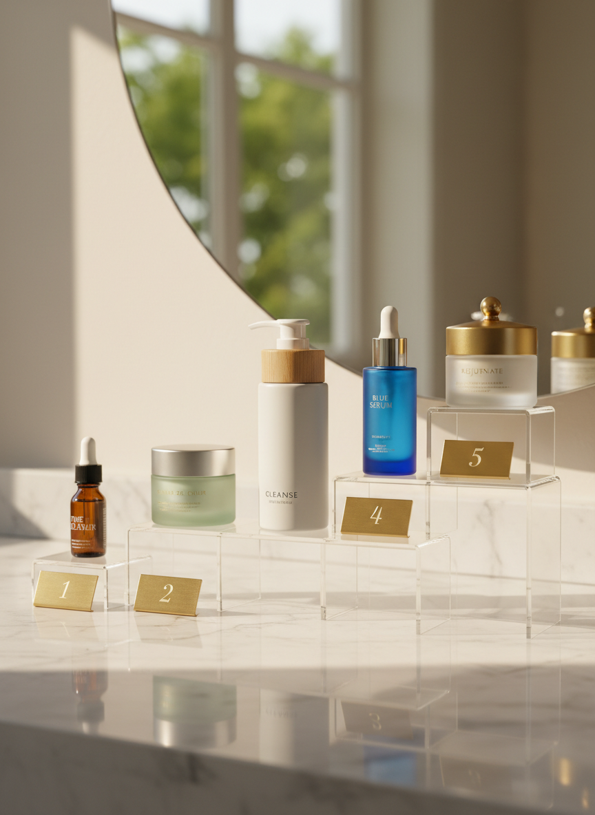An organized bathroom vanity scene showing a ranked lineup of skincare products: five bottles and jars placed on ascending clear acrylic risers, each with a small, elegant metallic number plaque in front, from 1 to 5. The containers vary in design, from a luxurious dark-glass ampoule to a minimalist white pump bottle and a pale green jar with a satin finish. The vanity surface is light marble, and a frameless mirror in the background reflects a soft, blurred hint of greenery. Warm, indirect daylight spreads evenly, producing gentle, realistic reflections. Captured from a slightly elevated three-quarter angle in photographic realism, the mood is professional and authoritative, visually communicating product rankings and best-in-category winners.